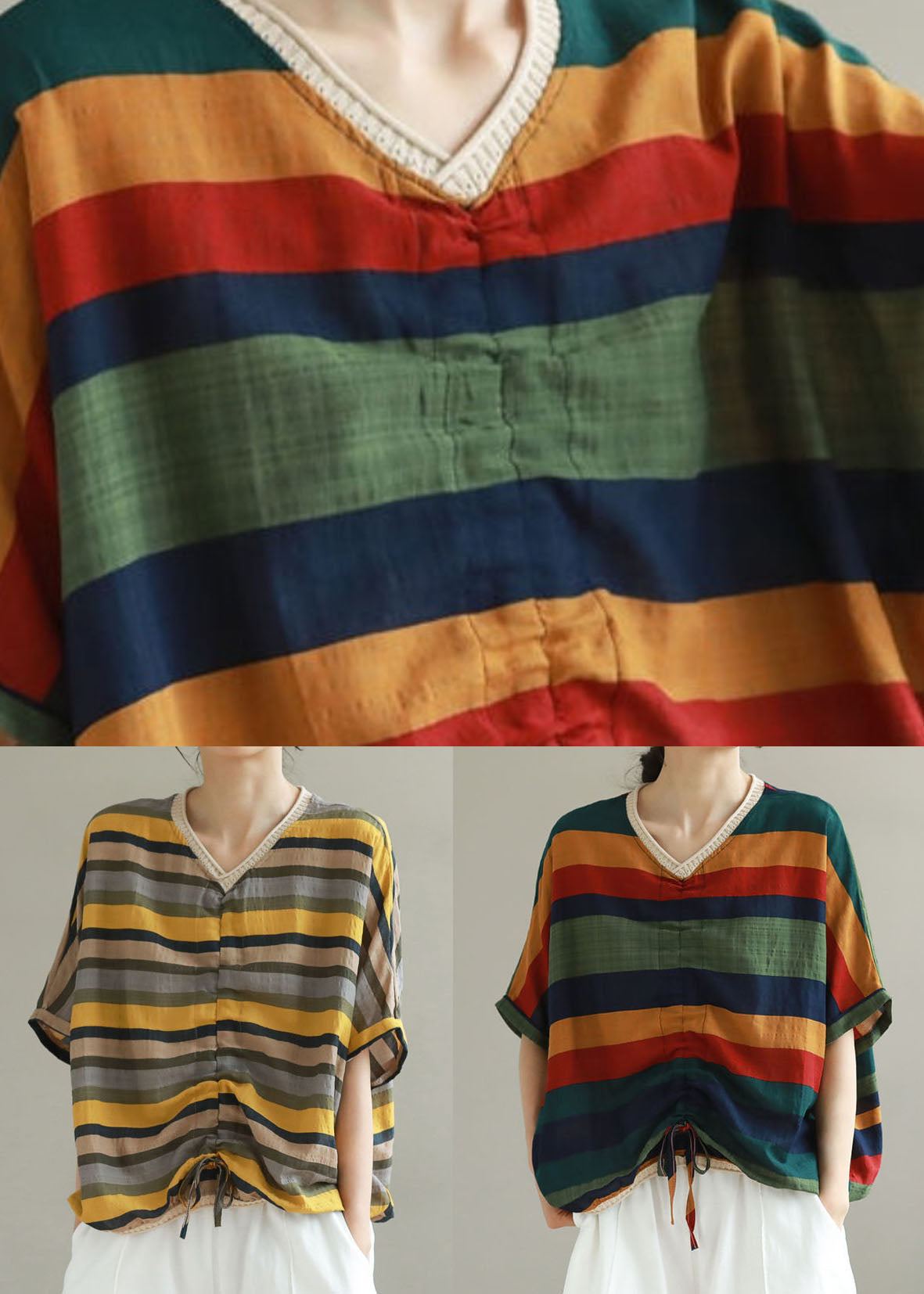 V Neck Yellow Stripe Patchwork Cotton T-Shirt Summer