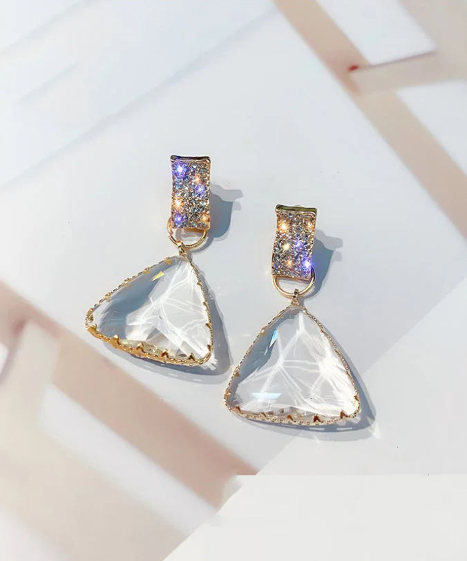 Simple White Alloy Zircon Triangle Crystal Drop Earrings