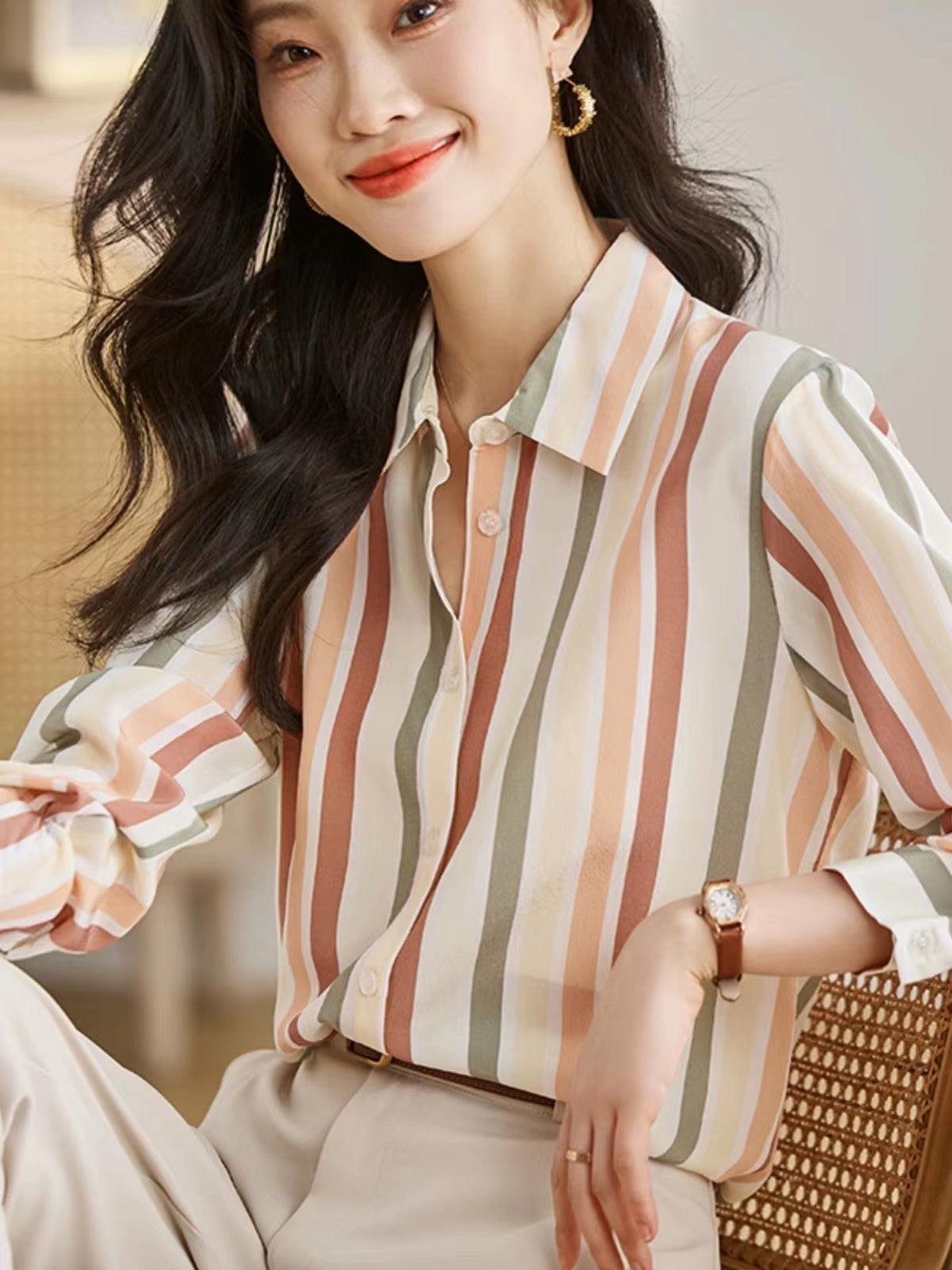 Vintage V-Neck Striped Short Sleeve Shirt