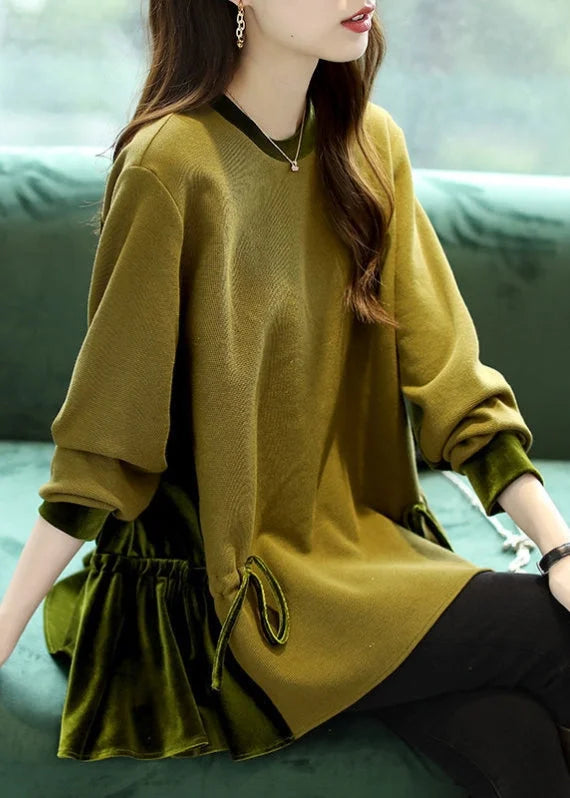 Loose Green O-Neck Patchwork Drawstring Sweatshirts Top Long Sleeve