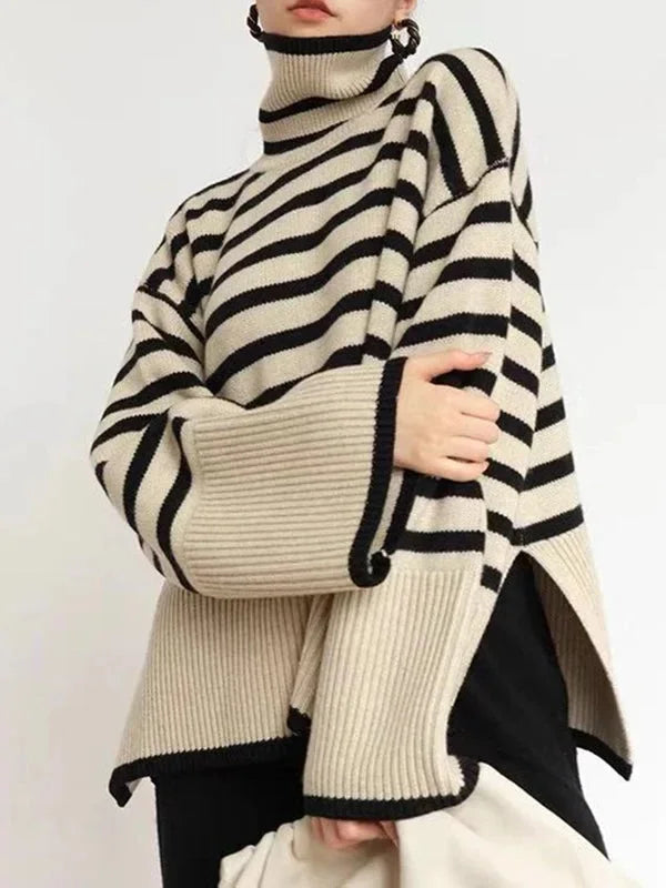 Modern Black Turtle Neck Striped Knit Sweater