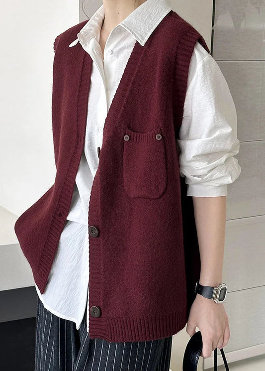 Wine Red Pockets Cozy Knit Waistcoat V Neck Fall