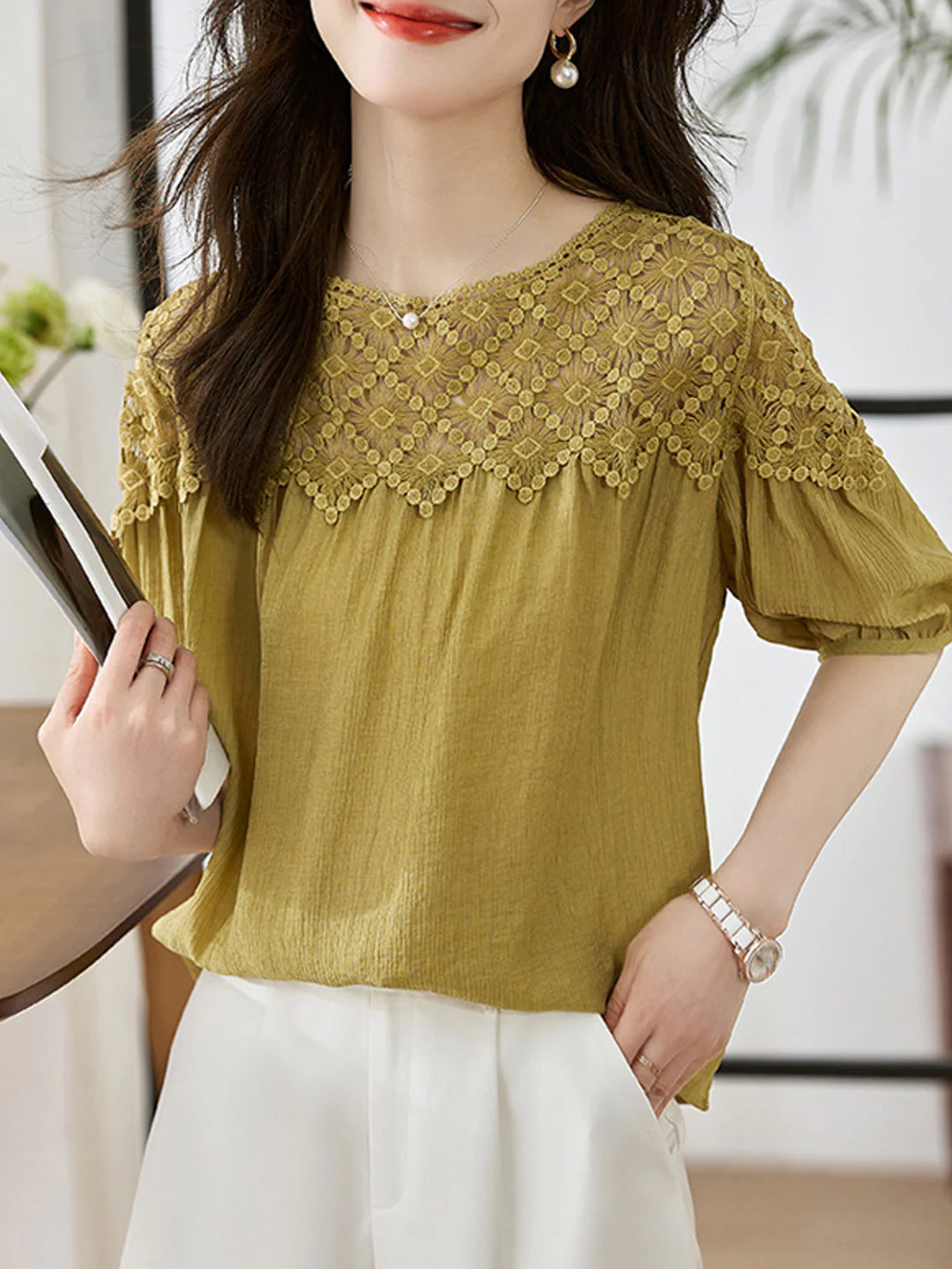 Elegant Lace Patchwork Cotton Interrupted Blouse Top