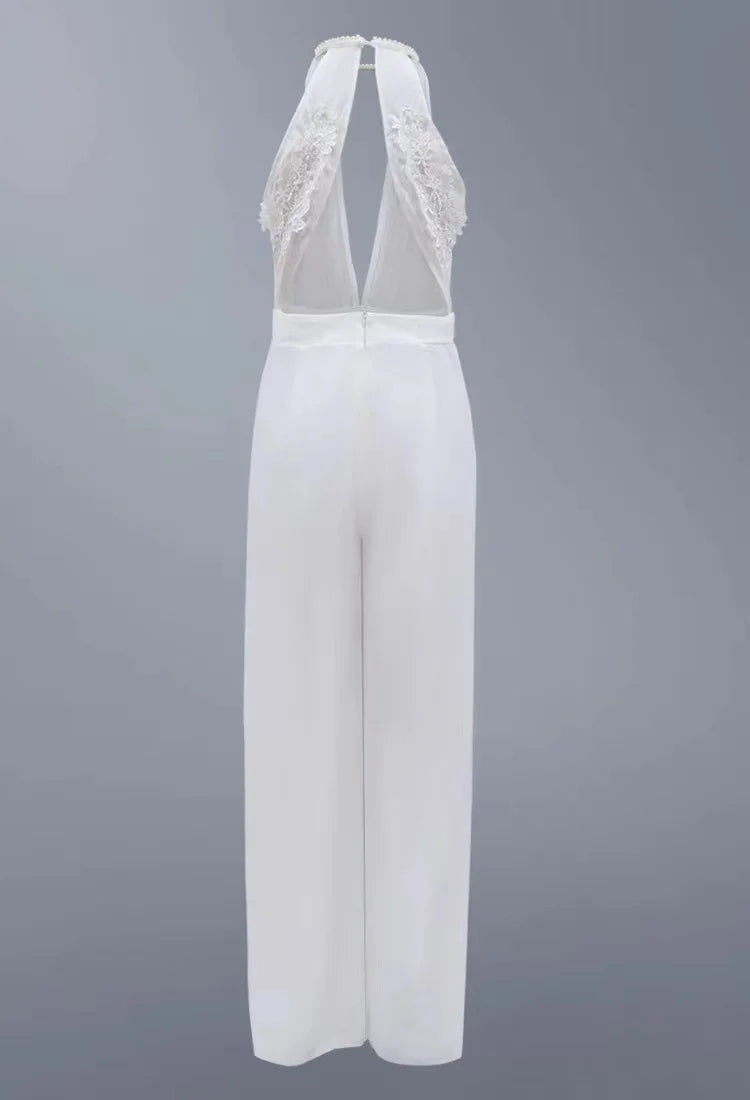 Sexy White Plain Deep V Neck Backless Sheer Spliced Jumpsuit