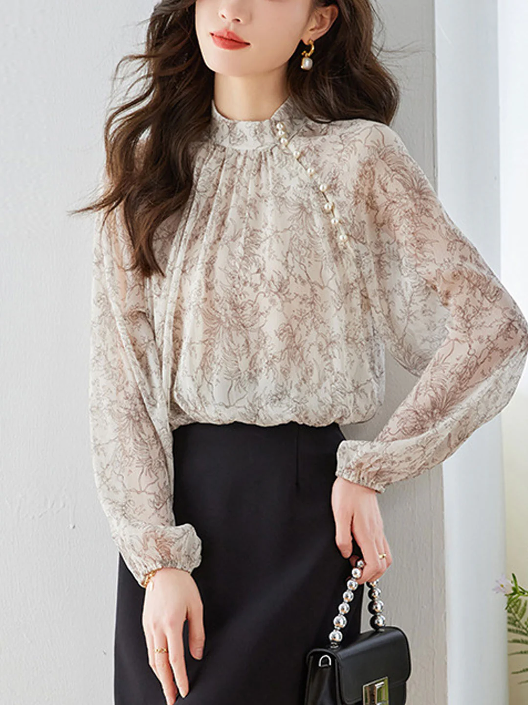 Elegant Asymmetric Lantern Sleeve Printed Blouse Top