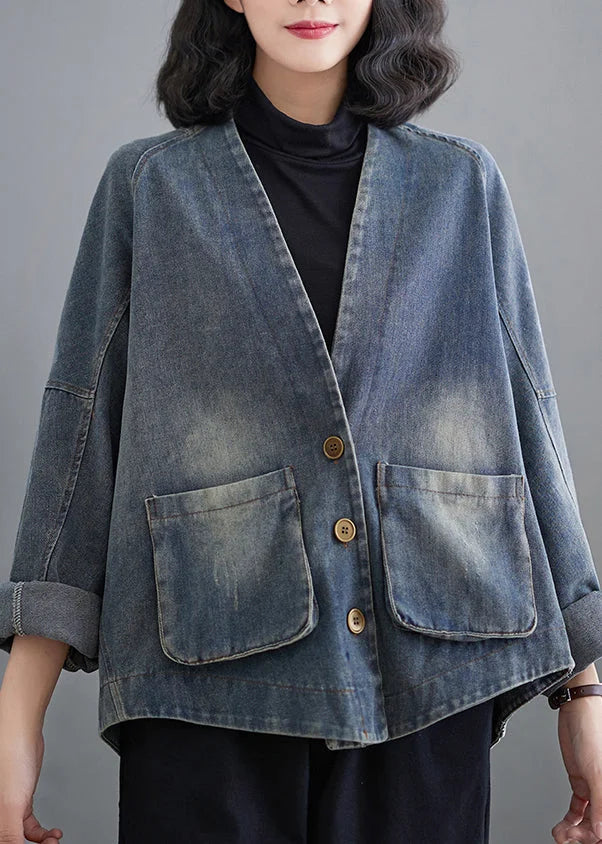 French Denim Blue V Neck Pockets Patchwork Coat Spring