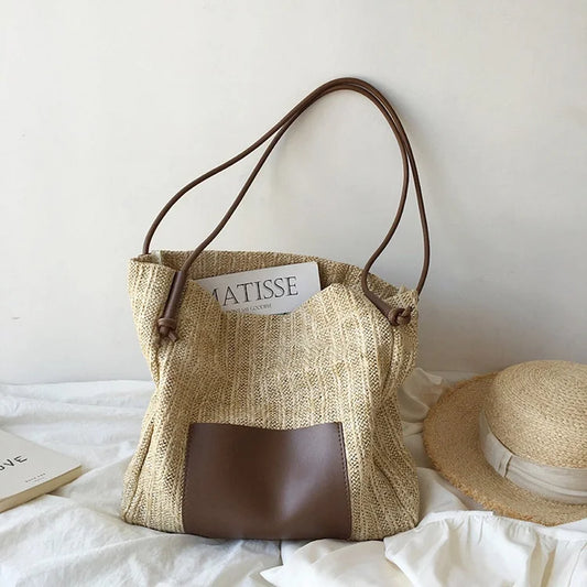 Handbags Straw Woven Tote Bag with Leather Accent