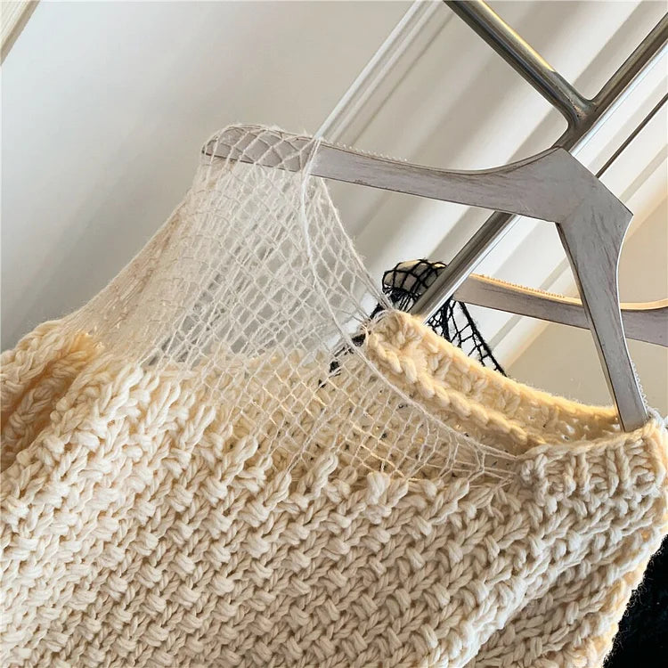 Design Beige Loose Round Neck Hollow Out Patchwork Weave Knitted Long Sleeve Sweater