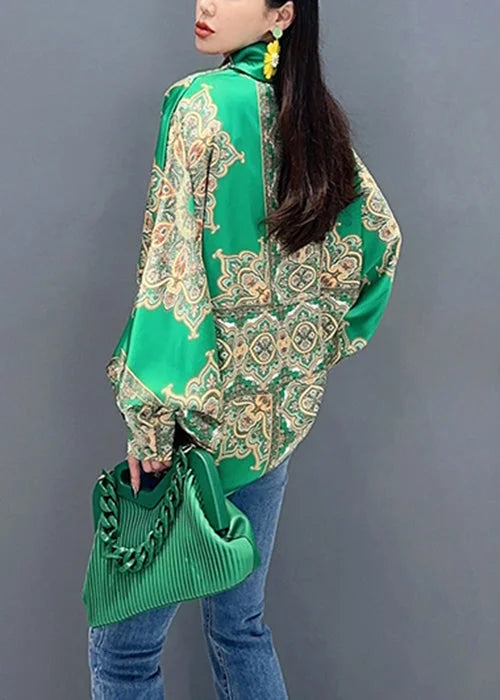 Chic Rose Nail Bead Print Patchwork Silk Shirt Batwing Sleeve