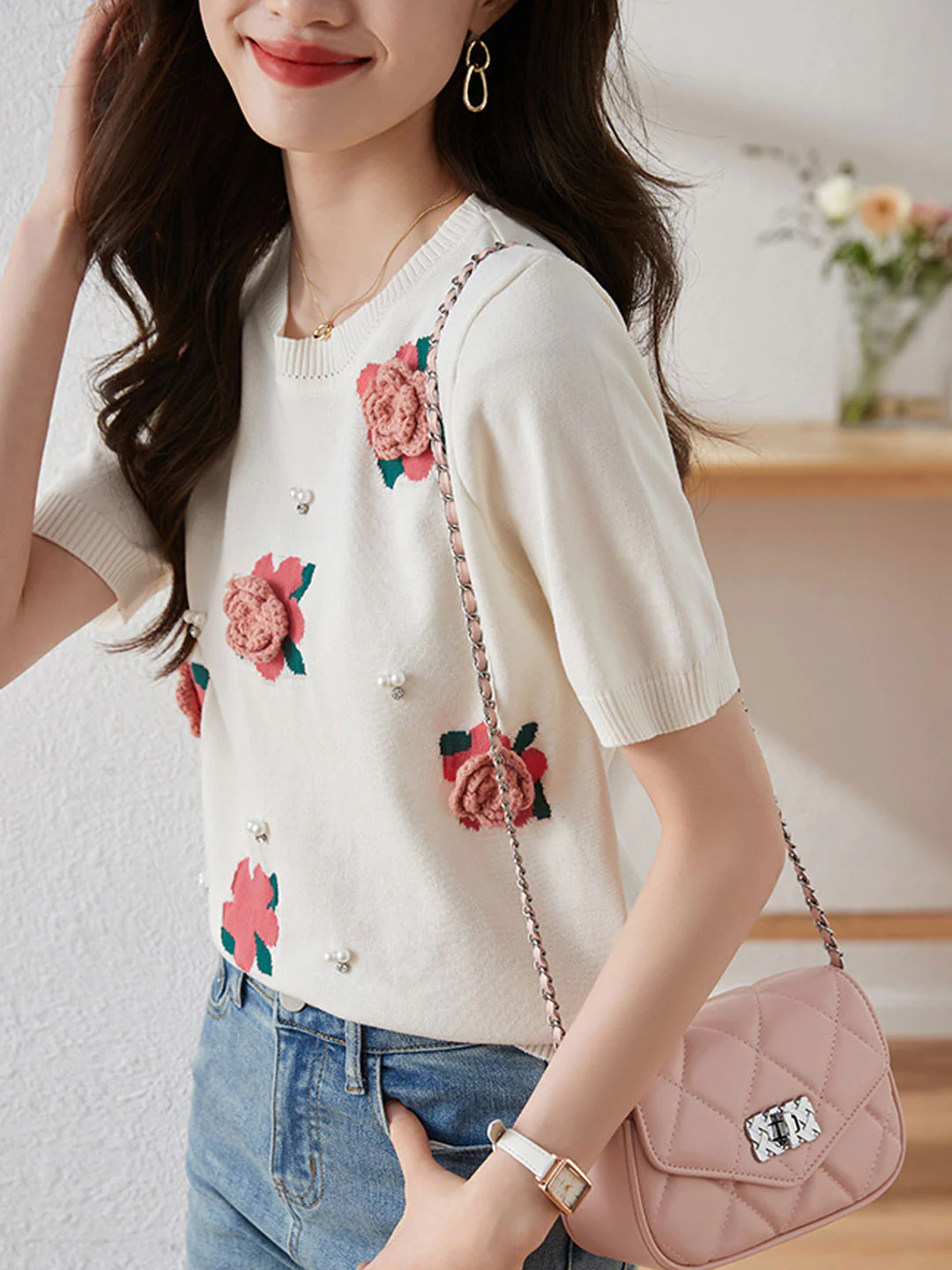 Elegant Round Neck Bubble Sleeve Floral Knit Short Sleeve Blouse Top