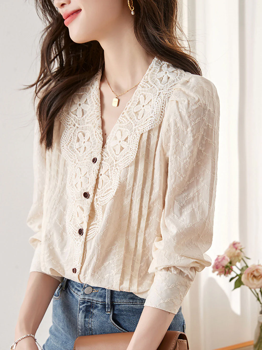 Elegant Lantern Sleeve Lace Blouse Top