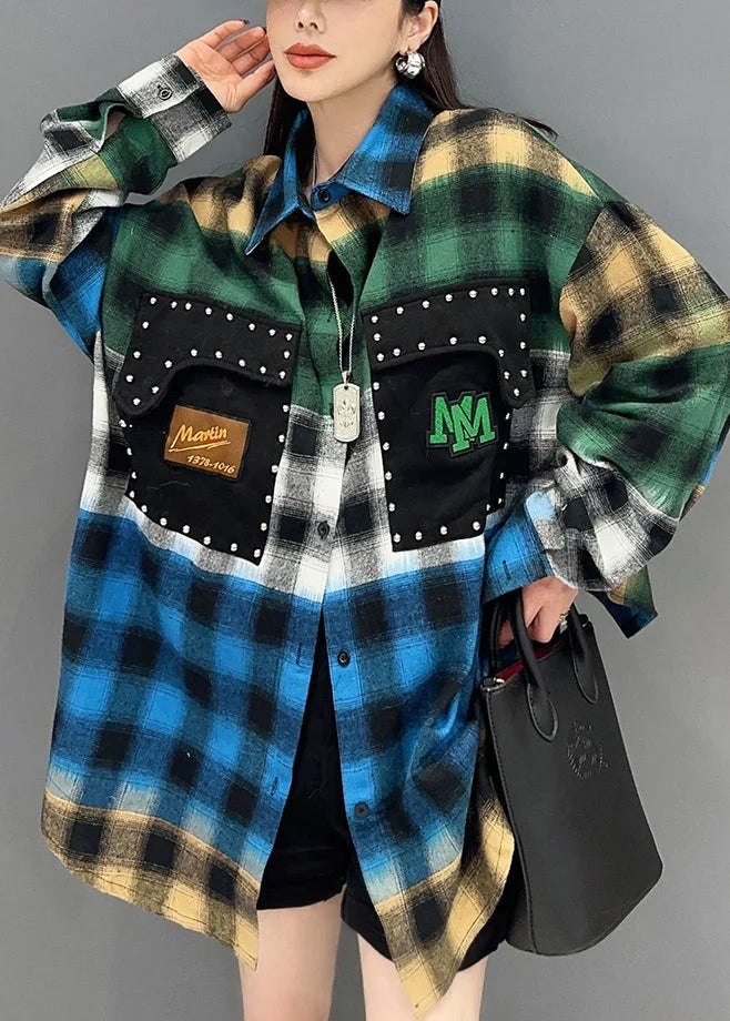 Street Yellow Plaid Button Patchwork Cotton Blouses Long Sleeve