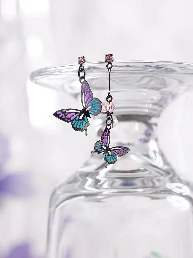 Chic Purple Butterfly Metal Asymmetrical Design Crystal Drop Earrings