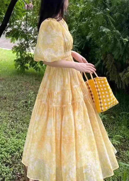 Bohemian Yellow V Neck Print Chiffon Long Dress Summer