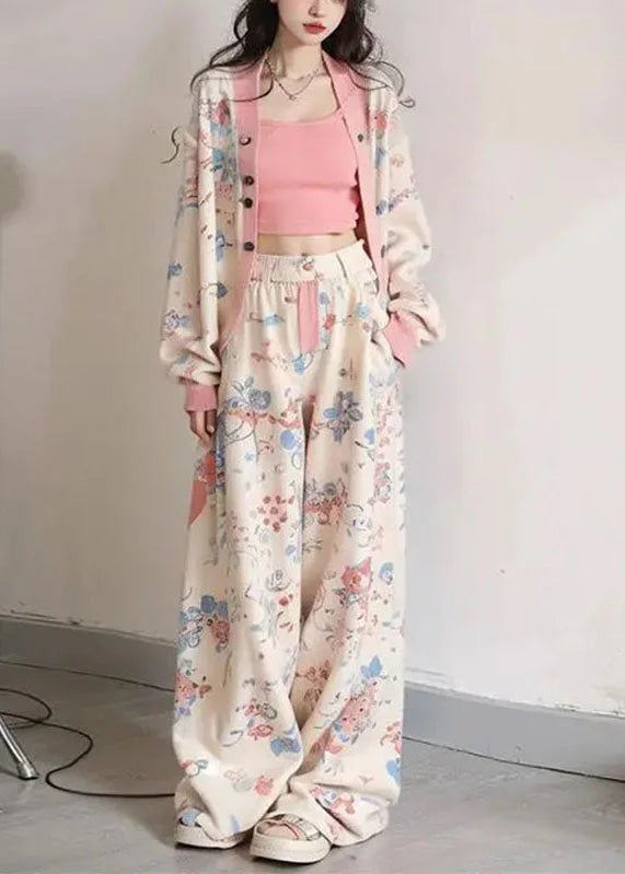 Women Apricot V Neck Print Coats Vest And Wide Leg Pants Three Pieces Set Long Sleeve