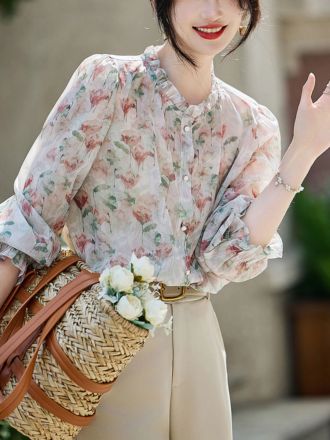 Elegant Printed Floral Ruffle Chiffon Blouse Top