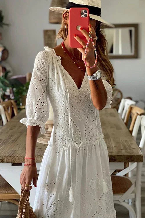 Eyelet Tassels Tiered Maxi Dress