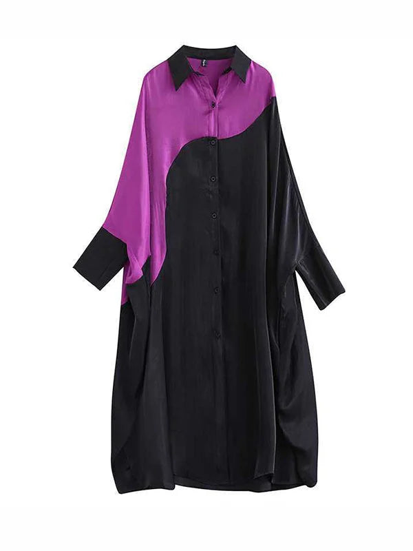 Casual Loose Black Lapel Asymmetric Patchwok Purple Batwing Sleeves Midi Dress