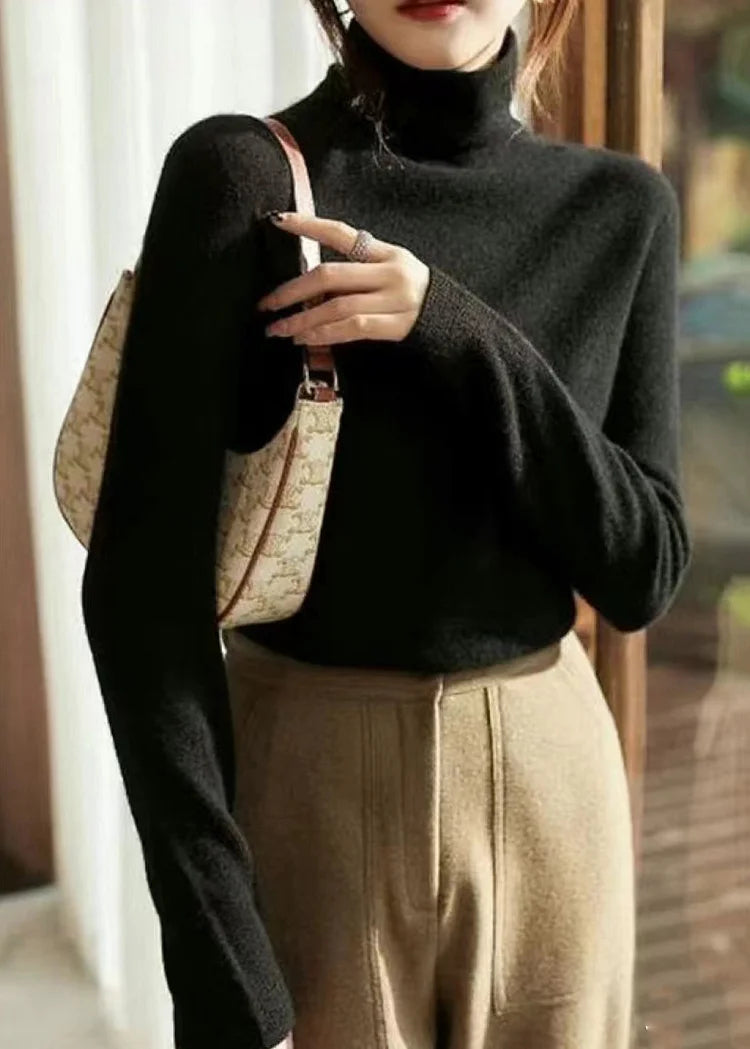 Italian Camel Hign Neck Wool Knitted Sweaters Tops Fall