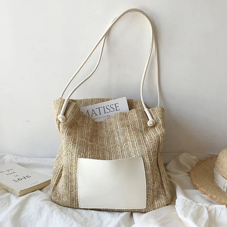 Handbags Straw Woven Tote Bag with Leather Accent