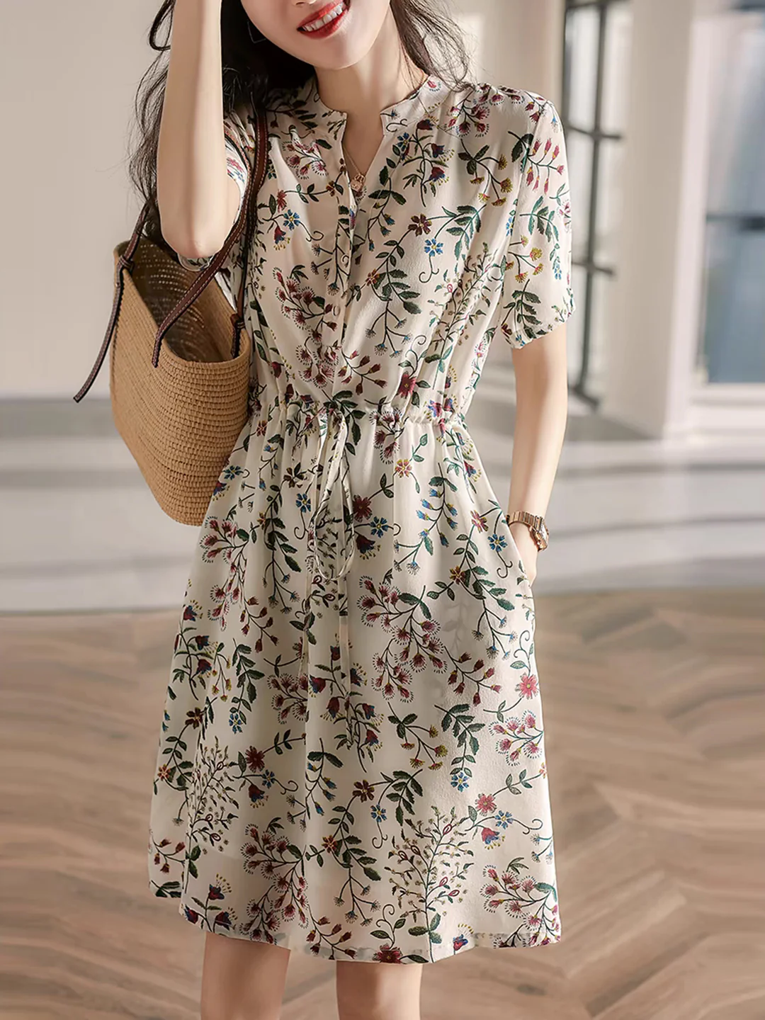 Elegant Printed Drawstring Chiffon Short Sleeve Dress