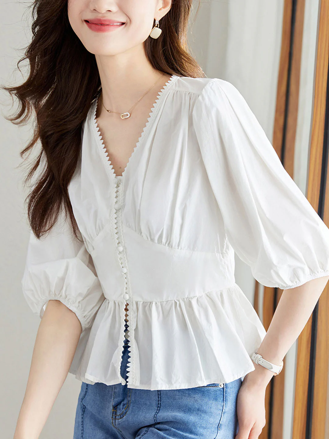 Elegant V-Neck Lantern Short Sleeve Cotton Blouse Top