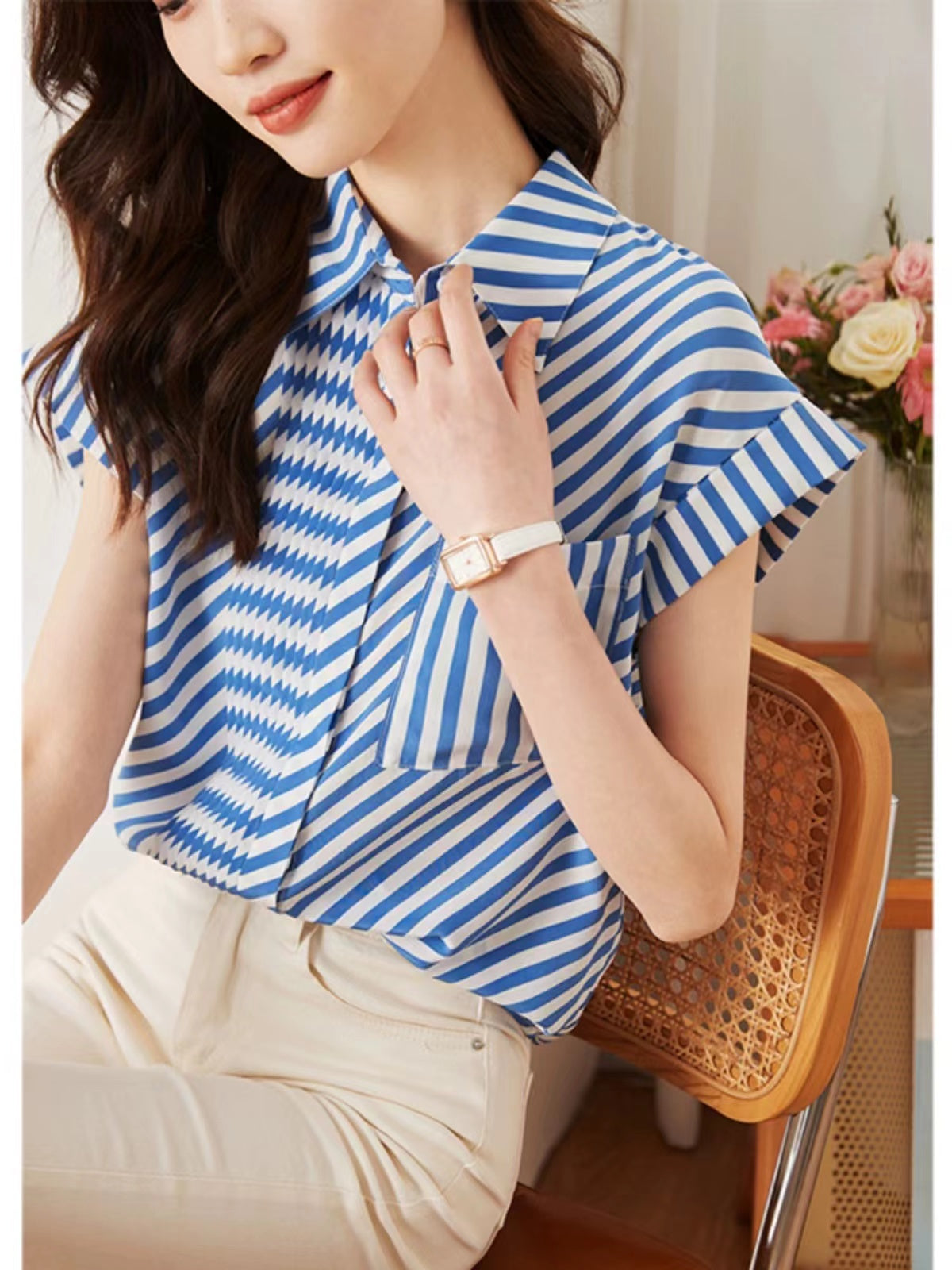 Loose Asymmetrical Color-Crossing Striped Shirt Top