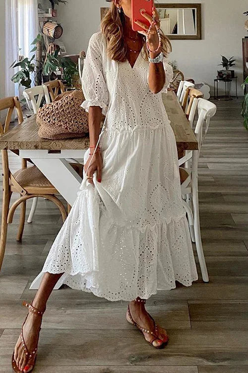 Eyelet Tassels Tiered Maxi Dress