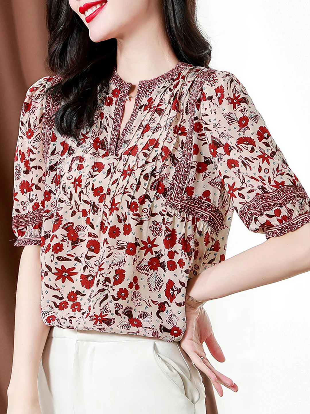 French Print Bubble Sleeve Blouse Top