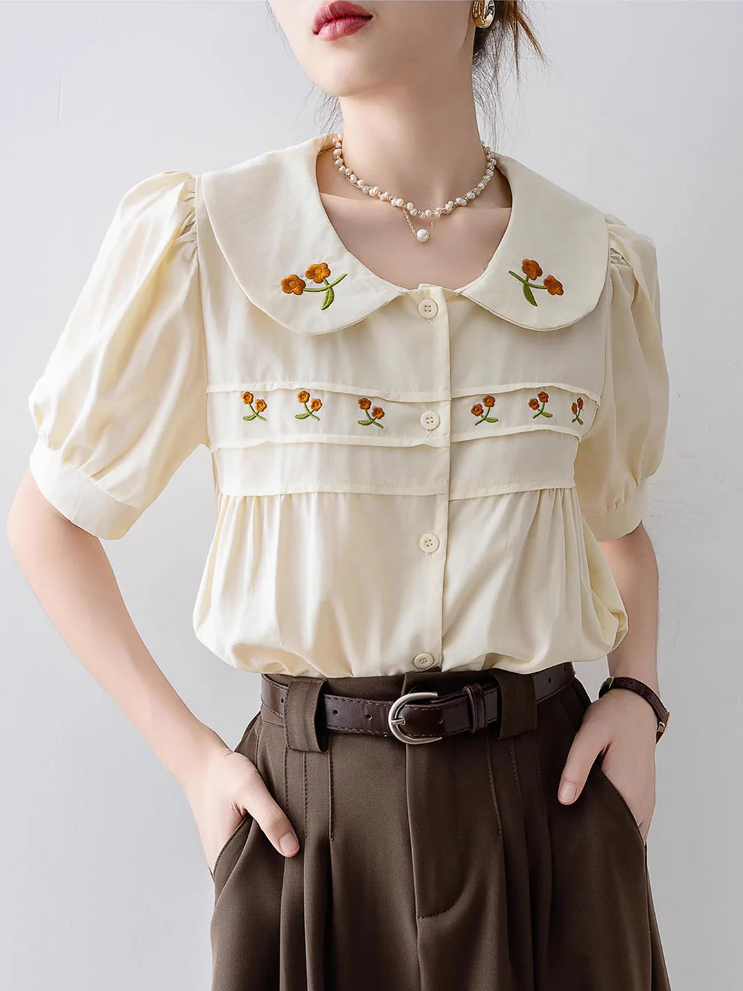 Casual Doll Neck Embroidered Cardigan Shirt Short Sleeve Top