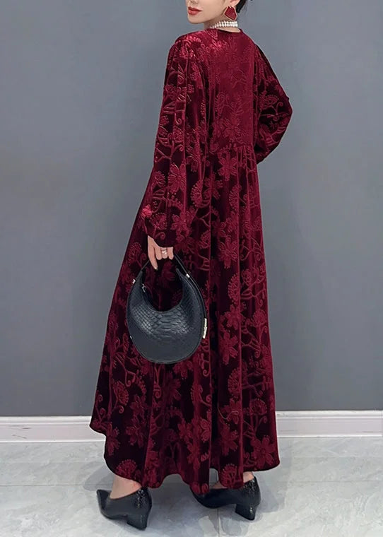 Classy Wine Red V Neck Pockets Silk Velour Long Dresses Fall