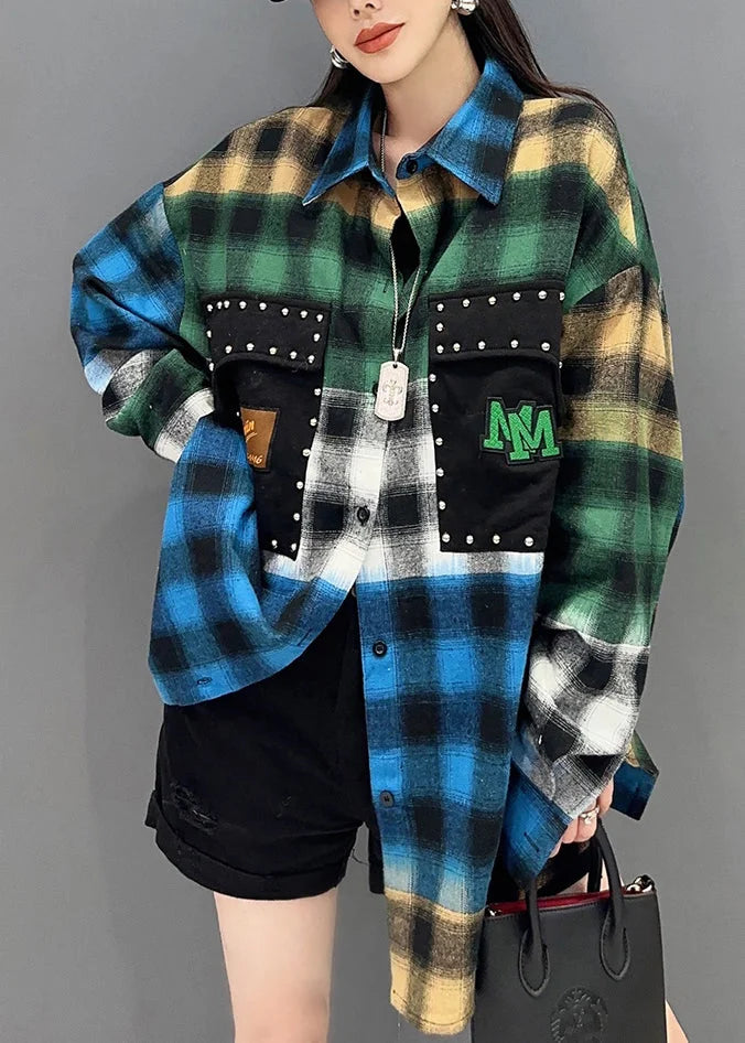 Street Yellow Plaid Button Patchwork Cotton Blouses Long Sleeve