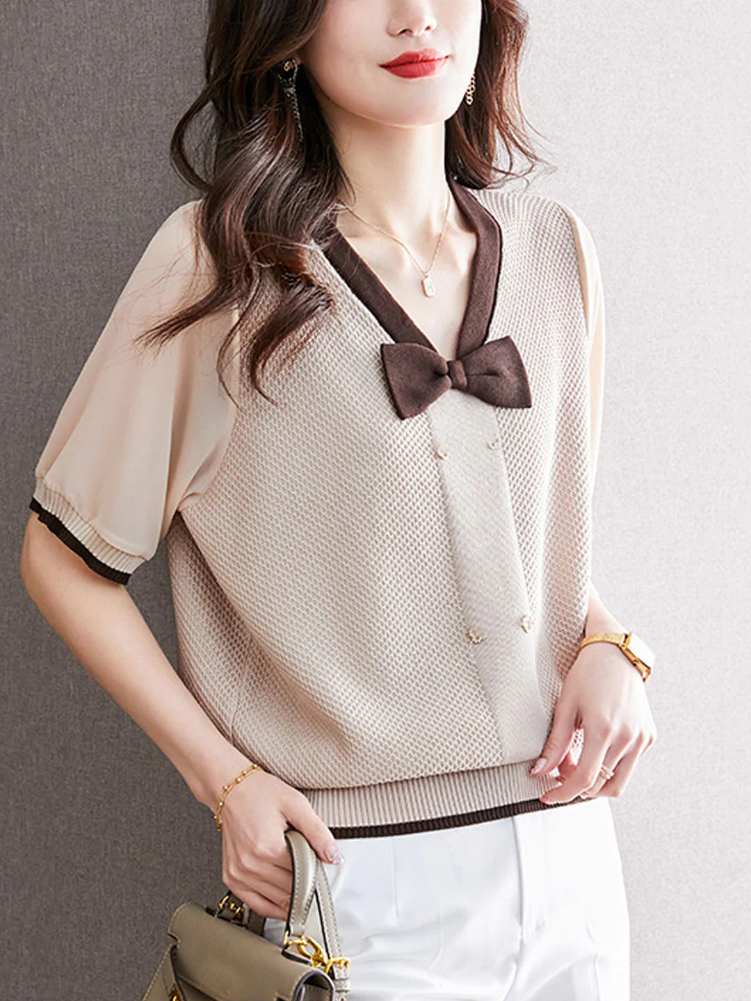 Elegant V-Neck Bow Knit Short Sleeve Blouse Top