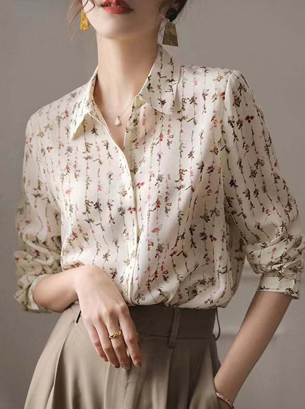 Elegant Lapel Letter Print Long Sleeve Shirt Top