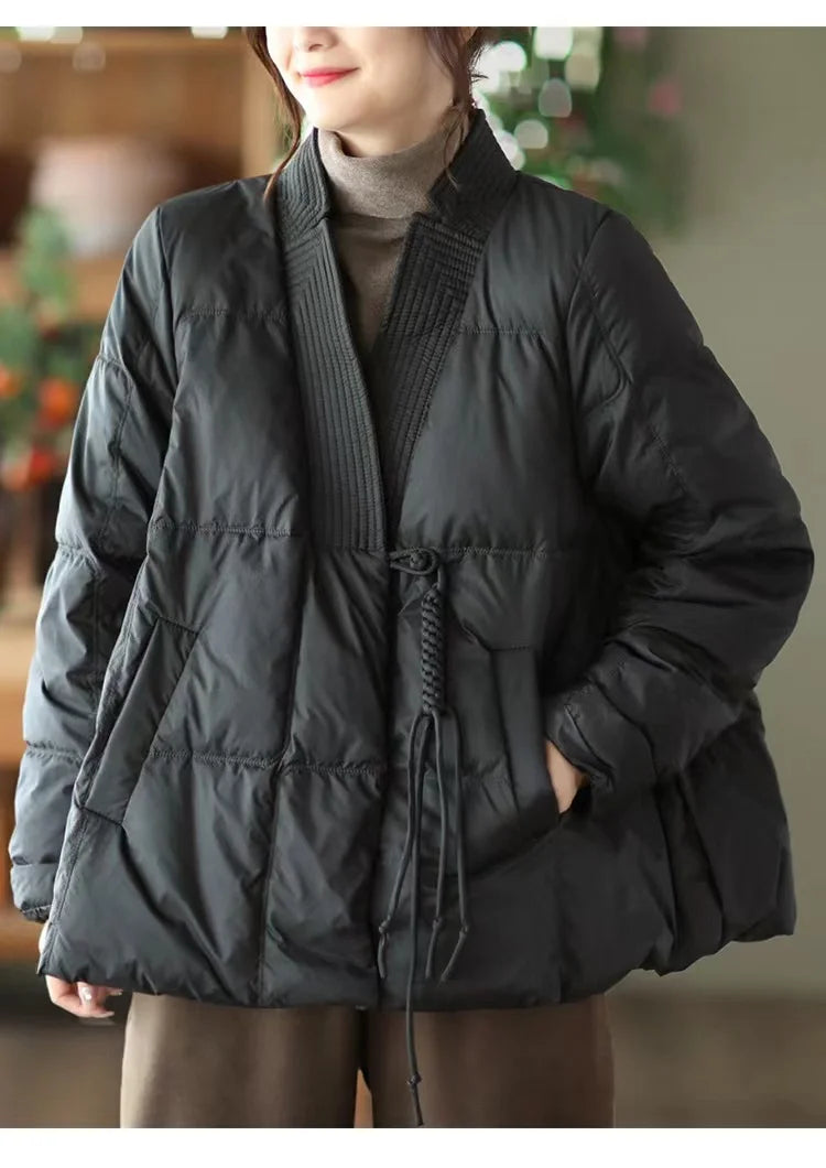 Style Green V Neck Oversized Oriental Button Duck Down Puffer Coat Winter