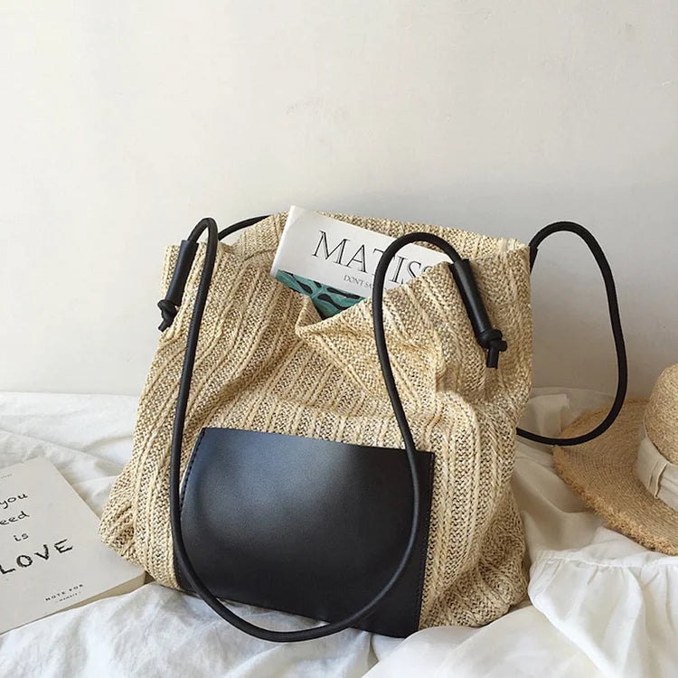 Handbags Straw Woven Tote Bag with Leather Accent