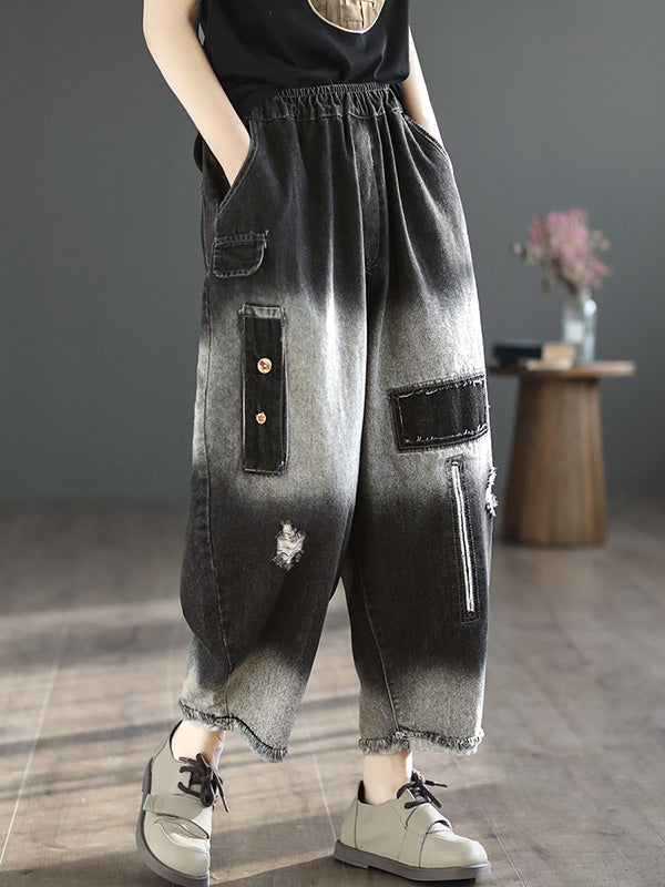 Hollow Elasticity Applique Vintage Denim Ninth Pants