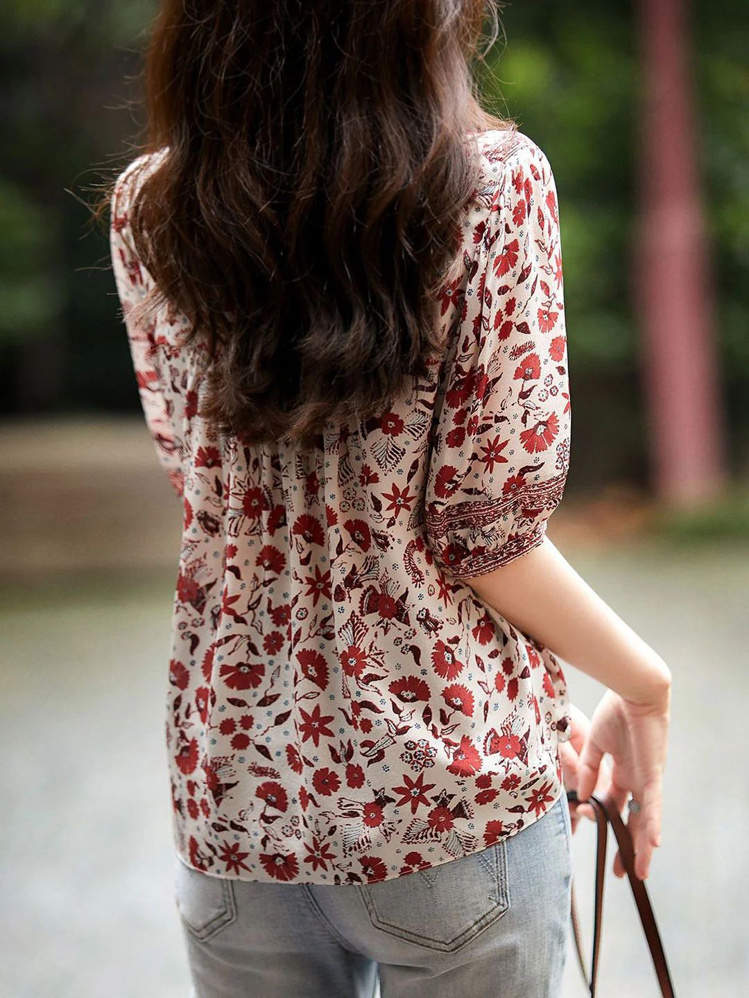 French Print Bubble Sleeve Blouse Top