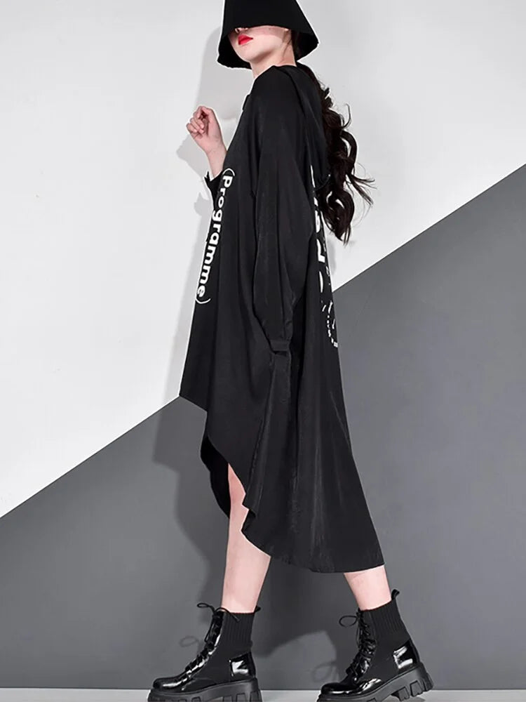 Chic Loose Hooded Letter Printed Splicing Sequined Long Sleeve Short Front Long Back Dress