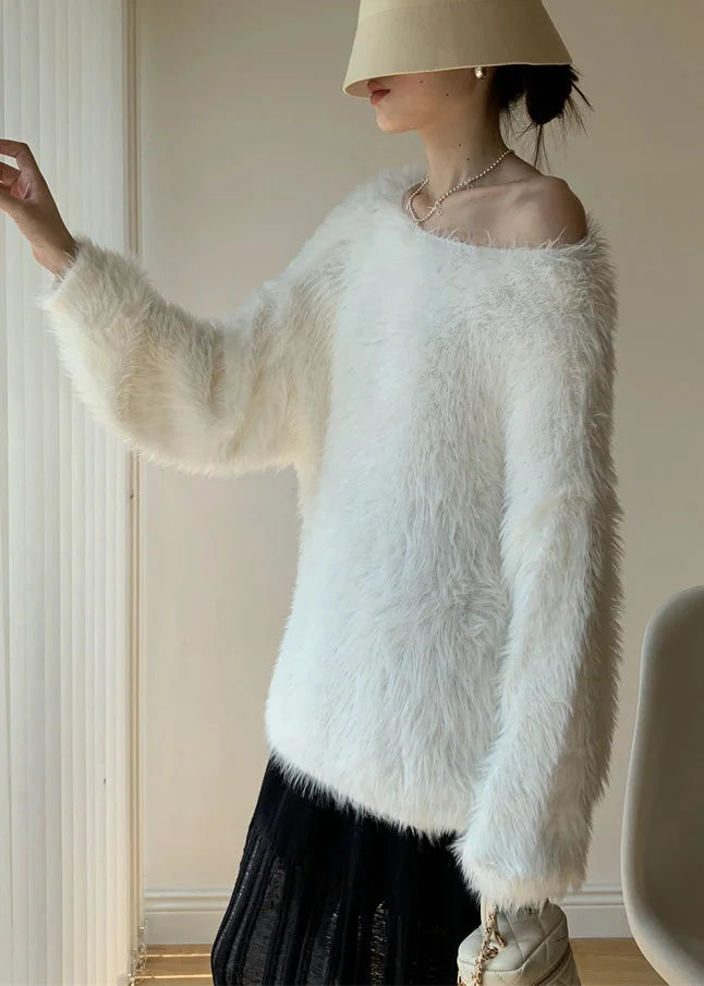 Simple White O-Neck Solid Mink Velvet Knit Sweater Winter