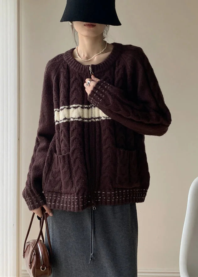 Coffee Pockets Patchwork Knit Winter Sweater Zip Up