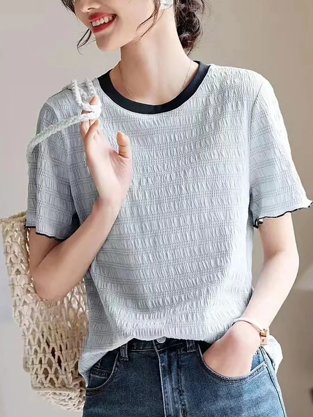 Elegant Round Neck Textured Patchwork Short Sleeve Top