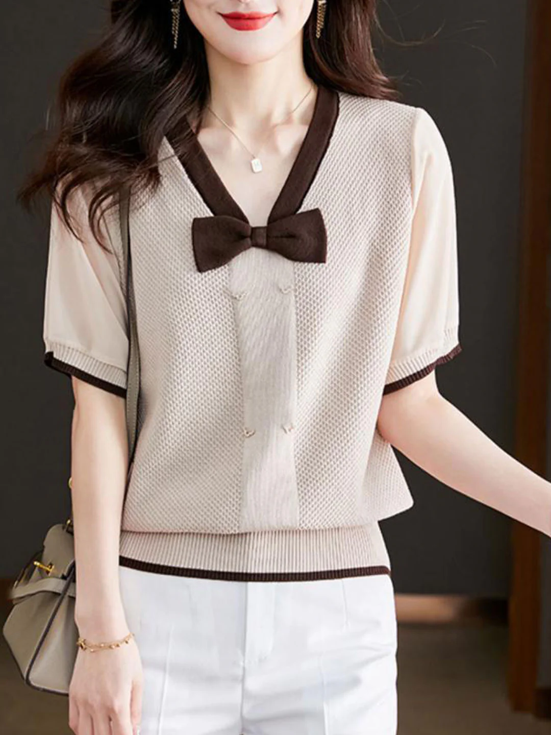 Elegant V-Neck Bow Knit Short Sleeve Blouse Top