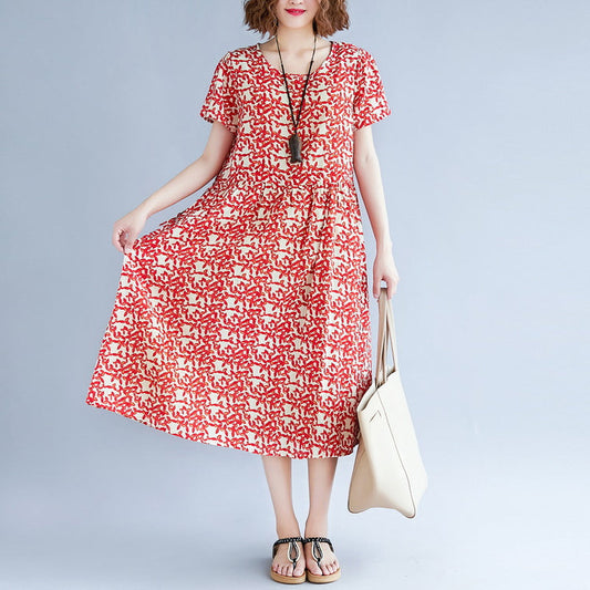 baggy red cotton linen dresses Loose fitting short sleeve print baggy dresses maxi dress o neck traveling dress