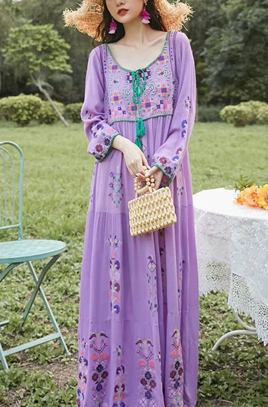 Bohemian Purple O-Neck Embroidered Floral Cotton Holiday Dresses