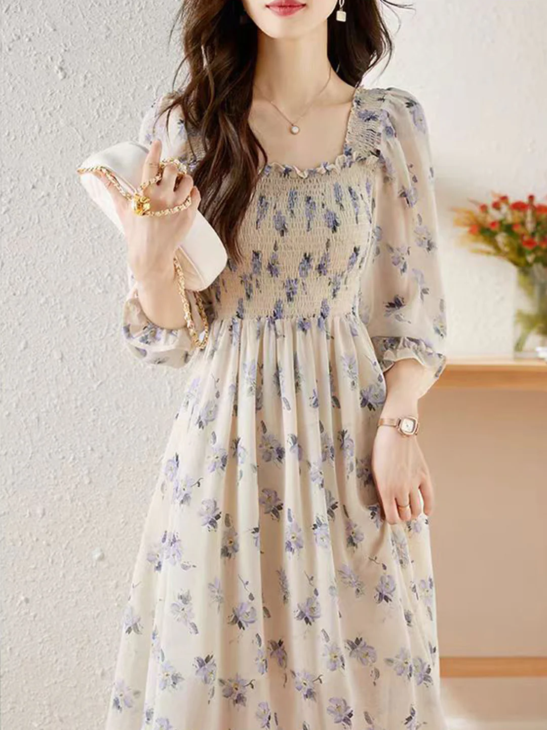 French Chiffon Printed Floral Long Sleeve Long Dresses