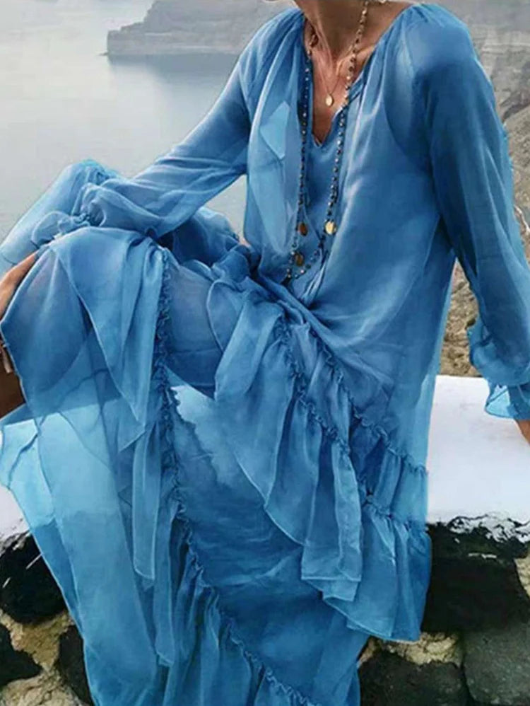 Bohemian Plain V Neck Spliced Sheer Mesh Ruffle Long Sleeve Maxi Dress