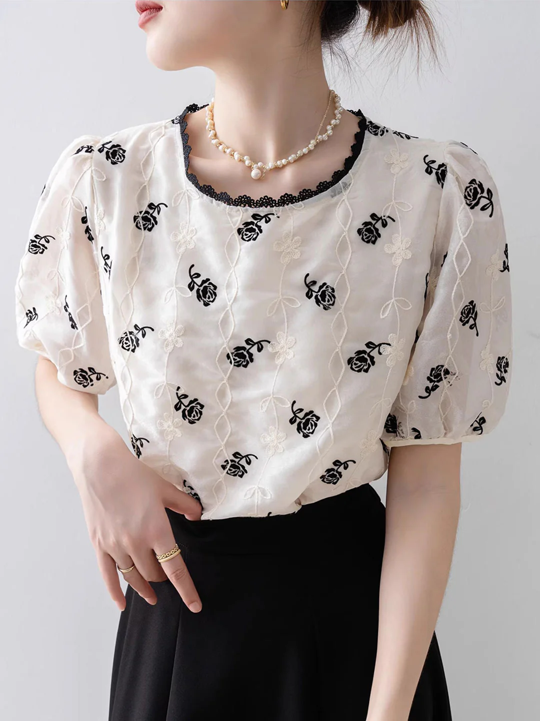 Elegant Bubble Sleeve Embroidered Chiffon Blouse Top