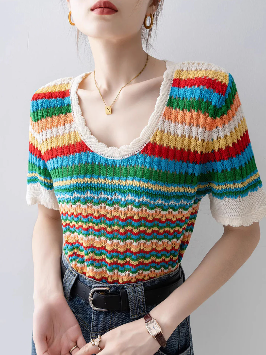 Elegant Rainbow Stripe Hollow Out Knit Short Sleeve Shirt Top