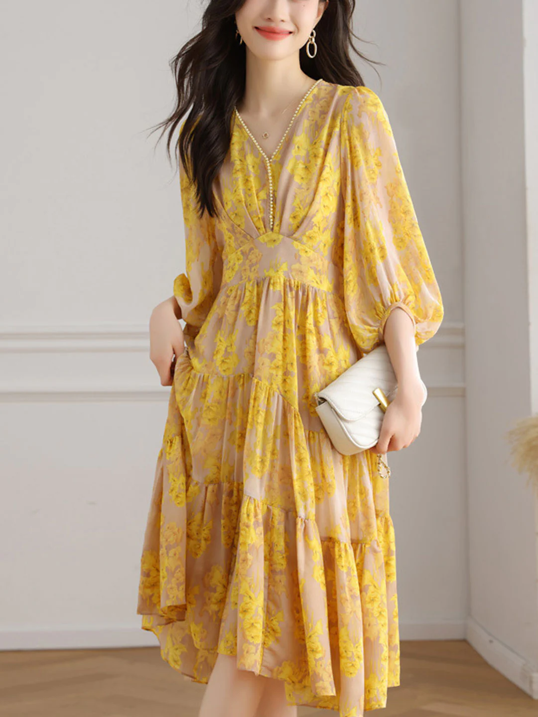 French V-Neck Lantern Sleeve Printed Long Dress